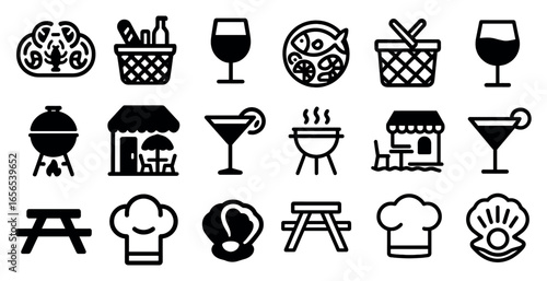 Restaurant and food outline icons set – dining, culinary, kitchen symbols