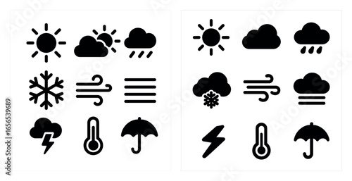 Weather and climate solid icons set – filled, silhouette, forecast symbols
