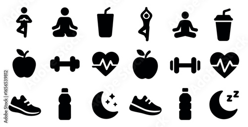 Fitness and wellness solid icons set – health, exercise, lifestyle symbols