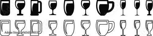 Drinkware icon set, glass cup mug wine goblet beer collection in flat and line style, black silhouette group, bar utensil bundle, beverage container pack, drink synonym vector