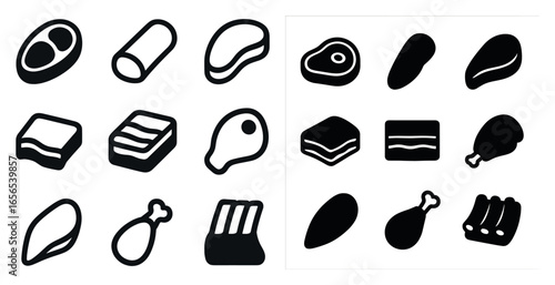 Meat and butchery icons set – silhouette, solid, food and culinary symbols
