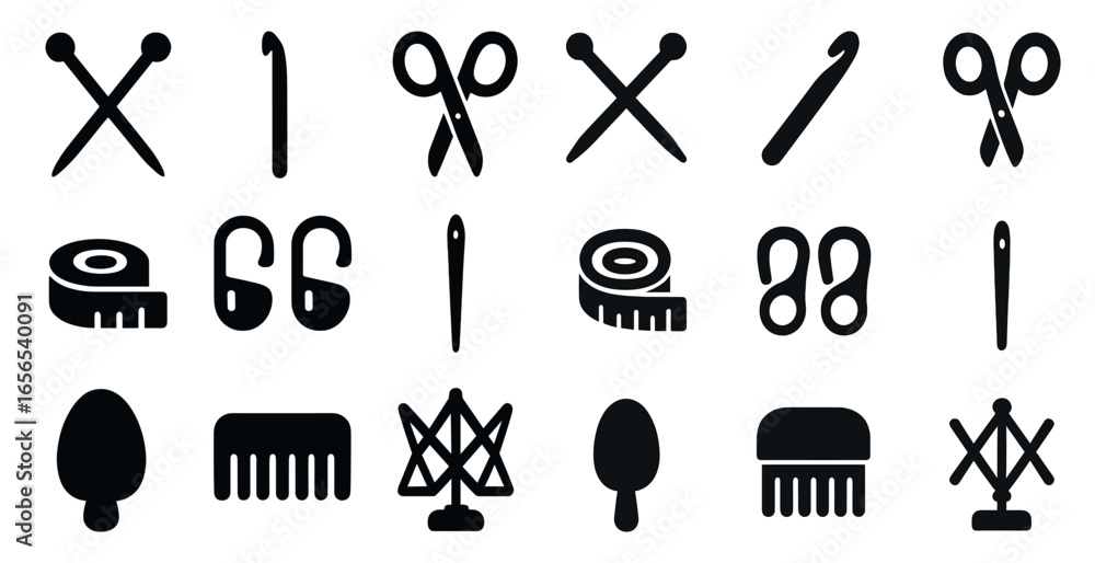 Obraz premium Knitting and sewing solid icons set – silhouette, needlework, craft symbols