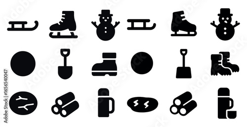 Winter activity solid icons set – silhouette, filled, holiday and outdoor symbols