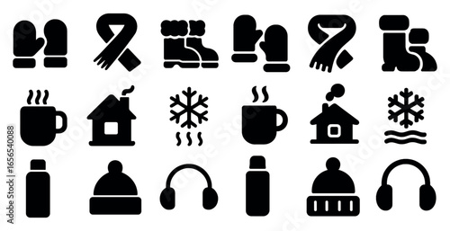 Winter clothing silhouette icons set – cold weather, seasonal apparel visuals