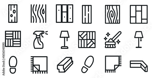 Home cleaning and flooring outline icons set – linear, janitorial, maintenance symbols