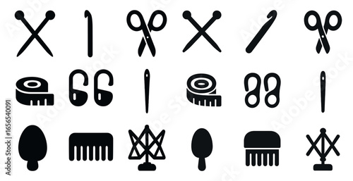 Knitting and sewing solid icons set – silhouette, needlework, craft symbols