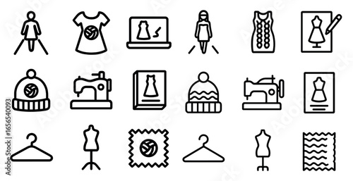 Fashion design outline icons set – sewing, style, design elements and tools