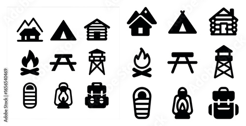 Camping and outdoor silhouette icons set – minimalist, solid, adventure symbols