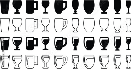 Drinkware icon set, glass cup mug wine goblet beer collection in flat and line style, black silhouette group, bar utensil bundle, beverage container pack, drink synonym vector