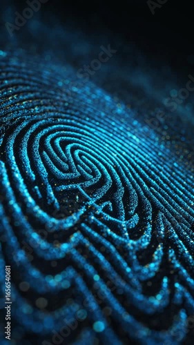 A glowing digital fingerprint scan. Concept for cybersecurity, biometric authentication, data protection, and the future of personal identity.