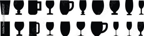 Drinkware icon set, glass cup mug wine goblet beer collection in flat style, black silhouette group, bar utensil bundle, beverage container pack, drink synonym vector