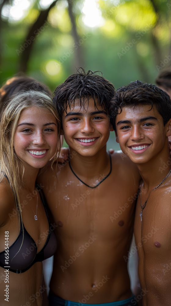 Fototapeta premium Three smiling young friends, two boys and one girl, with wet hair and skin, enjoying joyful summer day outdoors, looking directly at camera
