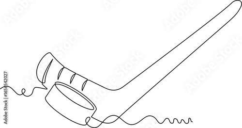 Photography one line art Ice Hockey Puck and Stick vector illustration