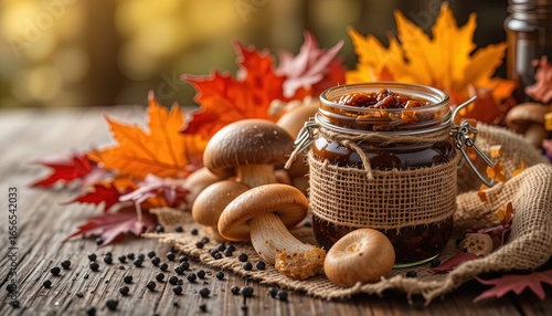 A rustic autumnal display features a glass jar of rich brown mushroom relish, surrounded by shiitake mushrooms, autumn leaves, and peppercorns on a weathered wooden table.