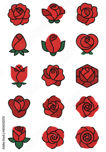 A collection of stylized red rose icons in various artistic interpretations, showcasing different petal formations and subtle variations in shape.
