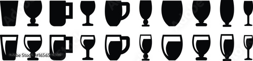 Drinkware icon set, glass cup mug wine goblet beer collection in flat style, black silhouette group, bar utensil bundle, beverage container pack, drink synonym vector