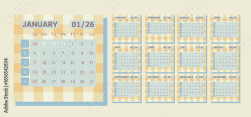 Monthly calendar layout for 2026 year. Diary planner for 2026 year. Week Starts on Sunday.