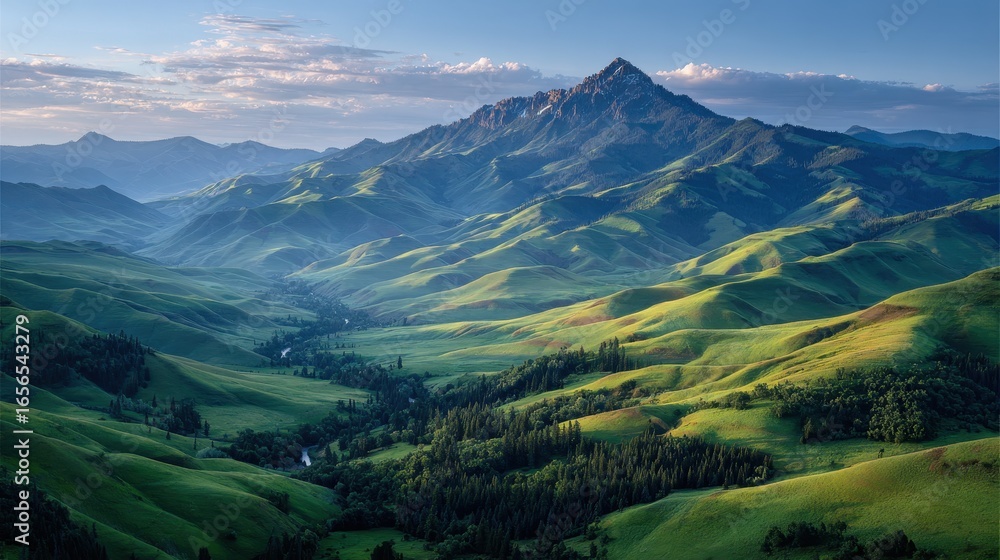 Fototapeta premium Rolling Green Hills and Mountain Peaks Landscape at Sunrise