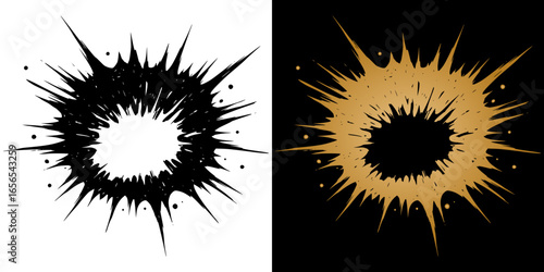 Isolated vector image of a burst design in black and gold backgrounds, two design options on transparent and black backgrounds  