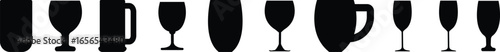 Drinkware icon set, glass cup mug wine goblet beer collection in flat style, black silhouette group, bar utensil bundle, beverage container pack, drink synonym vector