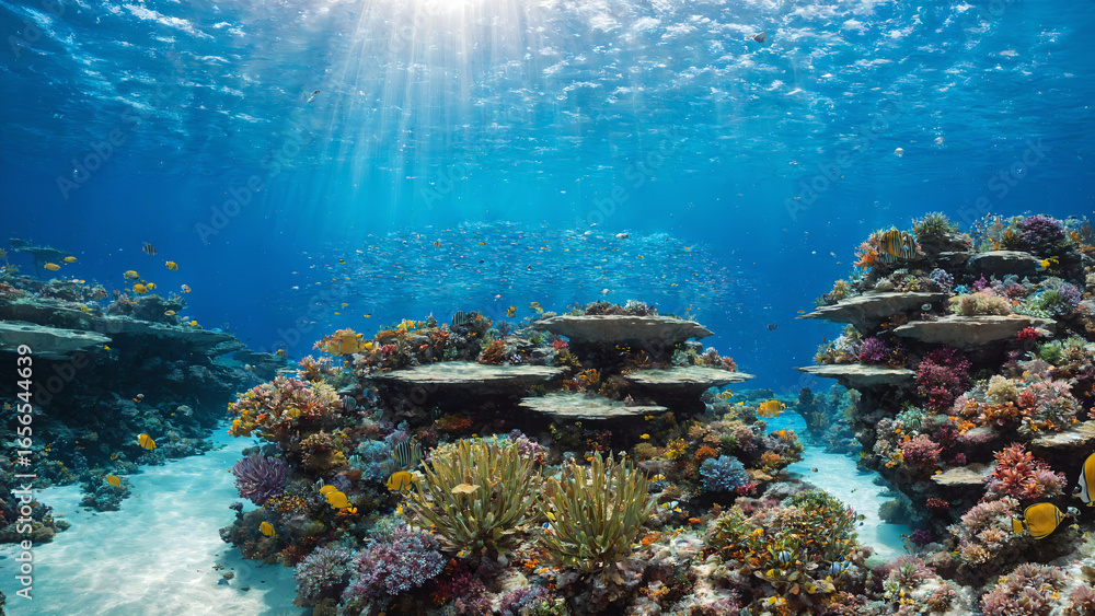 Fototapeta premium Sunlight over Coral Reef and School of Fish