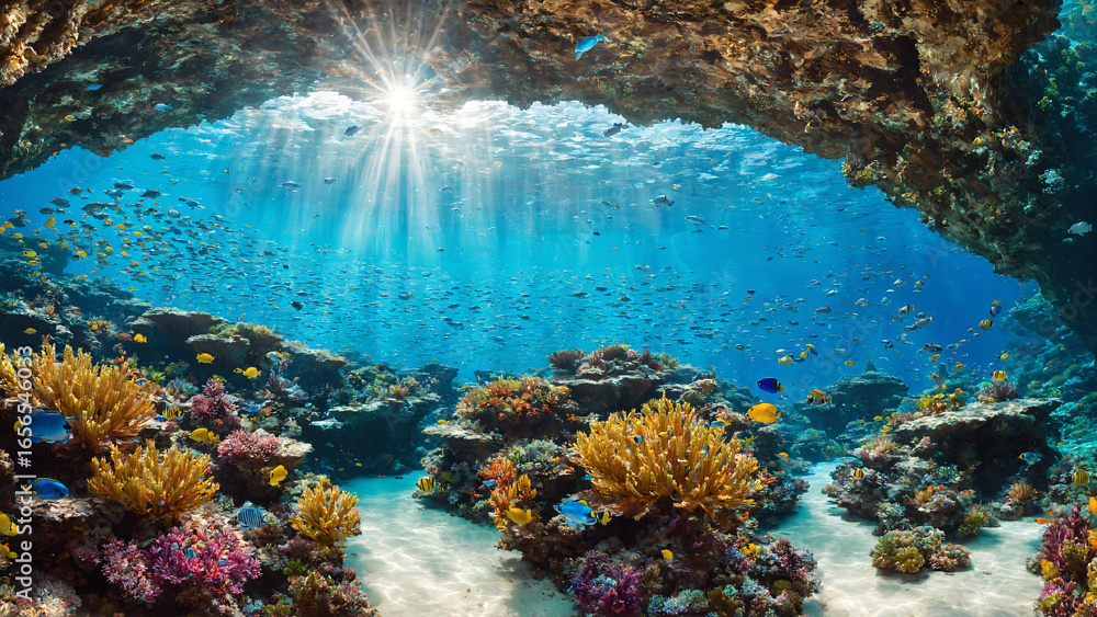 Obraz premium Sunlight Rays in a Vibrant Coral Reef