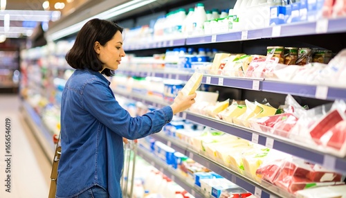Woman selecting cheese in a supermarket.