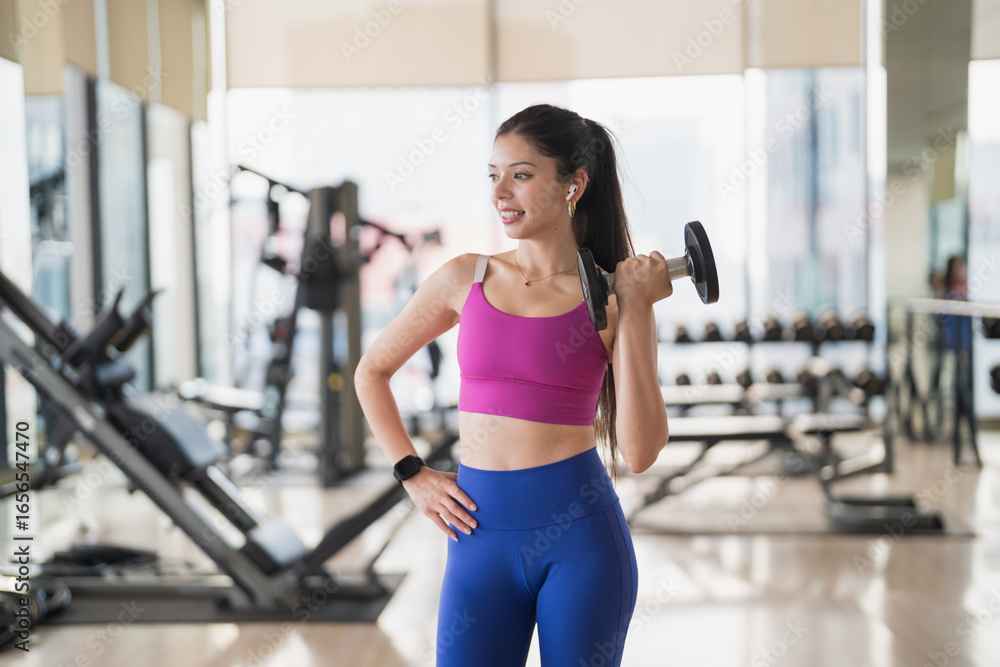 Fototapeta premium Healthy Young Hispanic Gen Z Woman in Sportswear Weight Training for Fat Loss and Body Shaping at Gym.