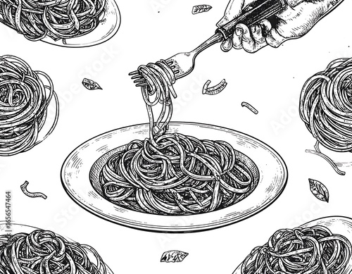 Hand-drawn illustration of spaghetti on plates with a fork.