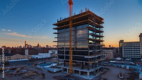 Construction progress of a modern glass skyscraper in an urban environment, showcasing different stages of development from initial groundwork to the finished structure