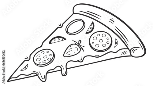 A slice of pizza with pepperoni tomato onion and cheese outlined in black and white illustration style