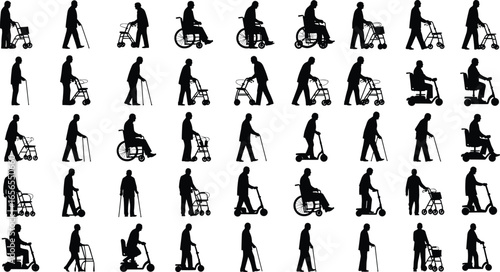 silhouette mobility aids, wheelchair walker cane scooter, disabled people, accessibility concept, inclusive design, diverse activities, lifestyle theme, creative illustration, social inclusion