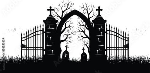 Scary spooky haunted cemetery gate. Halloween horror graveyard, tomb, burial ground silhouette. 
