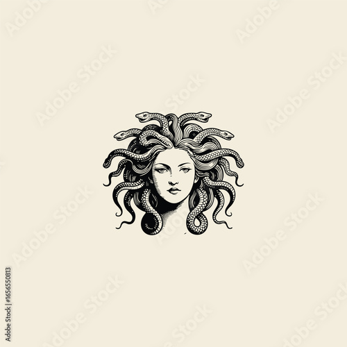 Medusa gorgon engraving logo design vector template illustration