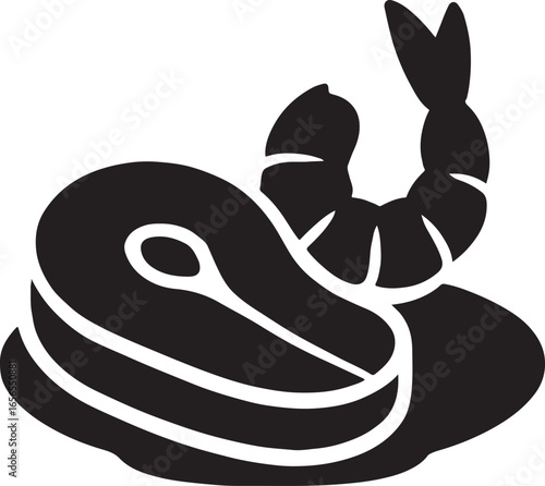 Surf & turf plate silhouette icon, steak and seafood design, gourmet meal, fine dining, and cuisine concept.