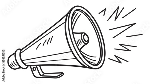 An illustration of a black and white megaphone with sound waves emanating from the speaker horn shape