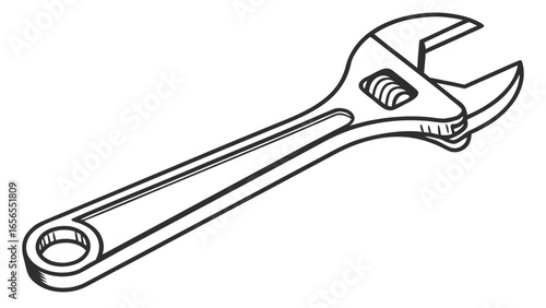 Illustration of an adjustable wrench with a handle and a hole for hanging on a pegboard tool rack