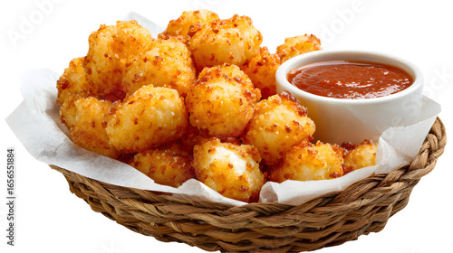A basket of golden-fried cheese curds with a crispy breading, served with a side of marinara sauce. A perfect, shareable appetizer for bar menus.