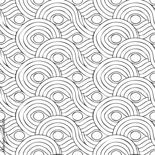 Seamless pattern with twisted lines, vector linear tiling background, stripy weaving, optical maze, twisted stripes. Black and white design.