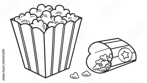 Popcorn in a striped container with popcorn spilling from a tipped over container illustration
