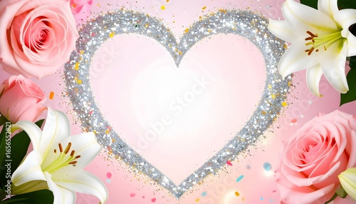 A glittery heart frame is set against a soft pink background. It is surrounded by beautiful pink roses and elegant white lilies, creating a perfect template for wedding or anniversary cards.