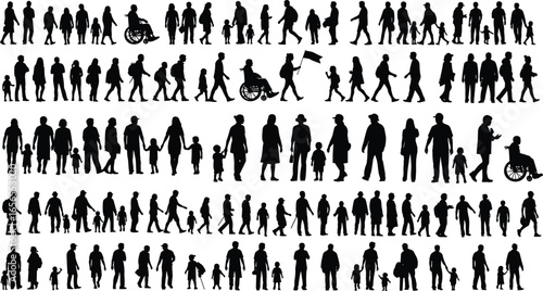 silhouette people collection, walking standing interacting, adults with children, carrying bags backpacks, wheelchair users, diverse activities, lifestyle concept, creative design background