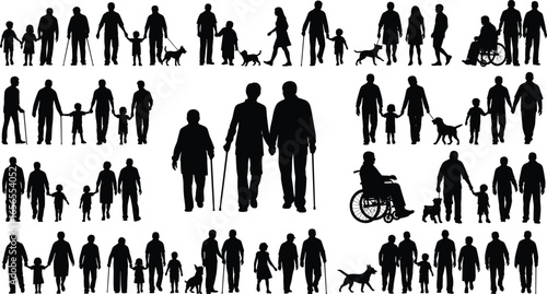silhouette people collection, walking, wheelchair users, cane support, dog walking, family interaction, diverse mobility, lifestyle theme, human connection, design background illustration