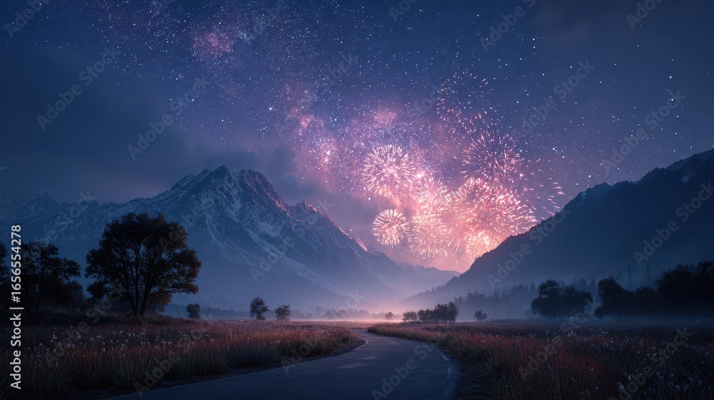 Fototapeta premium Majestic Mountain Landscape with Fireworks and Starry Night Sky