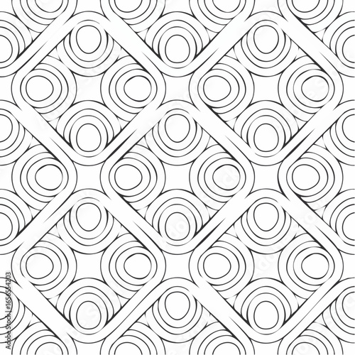 Seamless pattern with twisted lines, vector linear tiling background, stripy weaving, optical maze, twisted stripes. Black and white design.