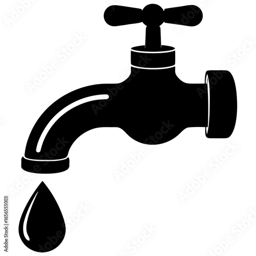 Vector silhouette of a water faucet with a drop of water falling from the spout