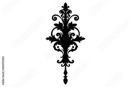 Vector silhouette of Rococo-style vertical ornament with scrollwork