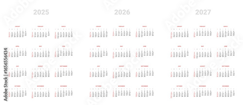 Set of annual Calendar Templates 2026, 2027, 2028. Vector layout of wall or desk vertical simple calendar with week start on Sunday. Weekends highlighted in red. Page A4 in Minimal style for print