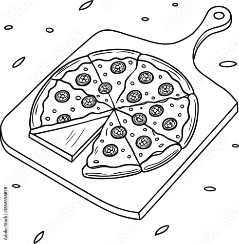 Vector art of a delicious pepperoni pizza on a wooden board with a slice taken out isolated on white background