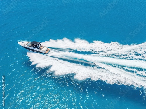 Wallpaper Mural White speedboat making sharp turn on turquoise ocean water, leaving curved wave pattern, aerial photography of summer marine sport and luxury vacation adventure. Torontodigital.ca